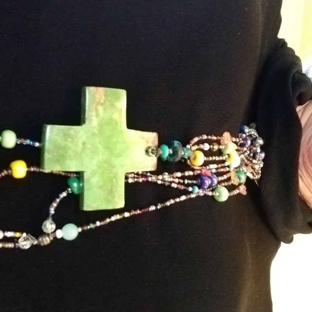 Vintage Style Beaded necklace with green turquoise cross